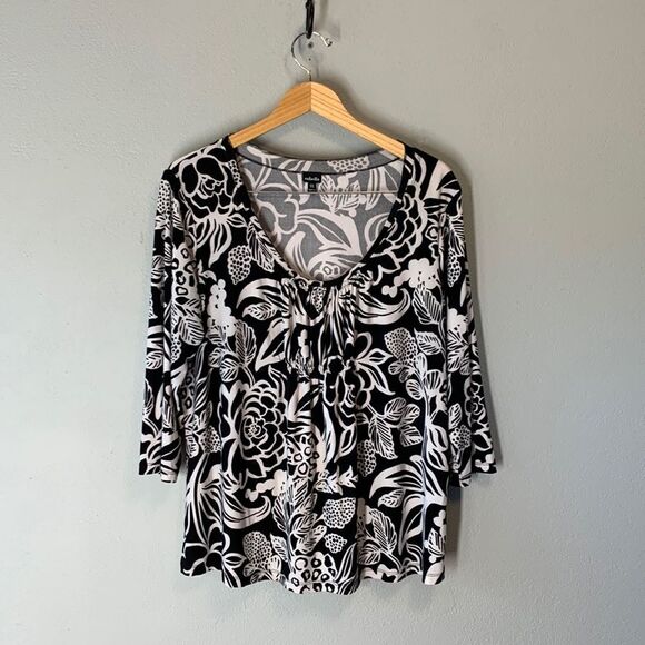 Rafaella Blouse, size 1X black with white print - Picture 1 of 13